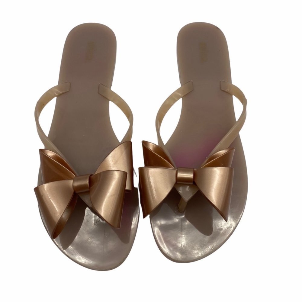 Melissa Nude Rose Gold Bow jelly thong flip flop sandal Women's Size 10